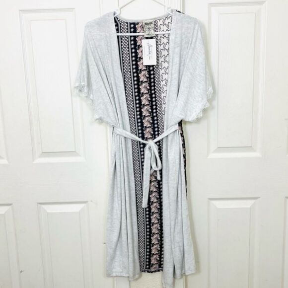 Vocal Cardigan Kimono Duster Short Sleeve Floral Back Tie Belt Lace Trim Large - Picture 12 of 12
